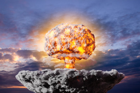 Atomic explosion against the sunset skyの写真素材