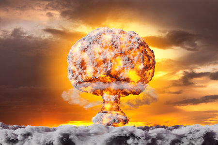 Atomic explosion against the sunset sky