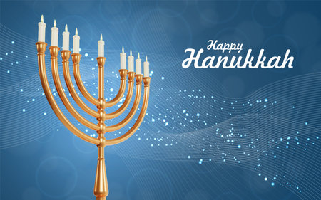 Jewish holiday Hanukkah background with menorah and burning candlesの写真素材