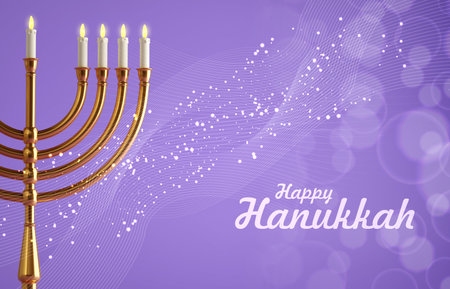 Jewish holiday Hanukkah background with menorah and burning candlesの写真素材