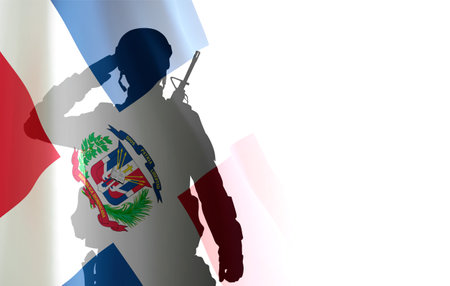 Silhouette of a soldier with Dominican Republic flag on white backgroundの写真素材