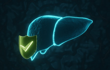 Glowing human liver with shield on dark blue background. Liver protection concept. 3d-renderingの写真素材