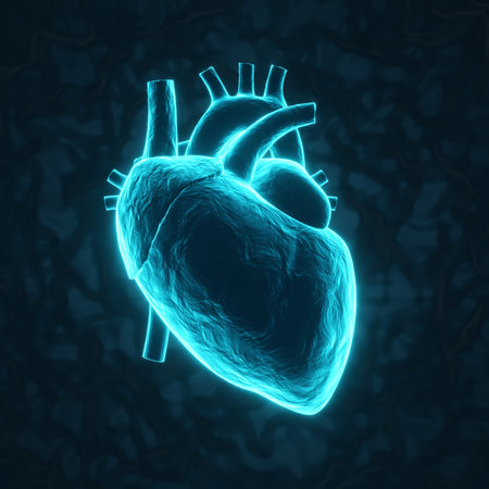 Glowing blue human heart on a dark blue background. X-ray hologram. 3d-renderingの写真素材