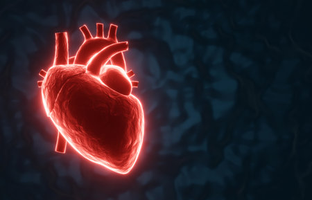 Glowing red human heart on a dark blue background. Heart disease concept. X-ray hologram. 3d-renderingの写真素材