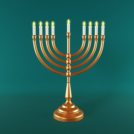 Menorah and burning candles on green background. 3d-renderingの写真素材