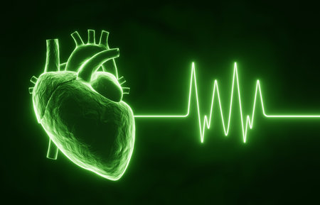 Glowing human heart with pulse line on a dark green background. X-ray hologram. 3d-renderingの写真素材