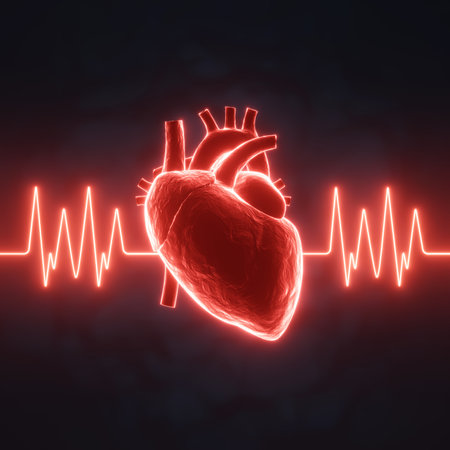 Glowing red human heart with pulse line on a dark blue background. X-ray hologram. 3d-renderingの写真素材