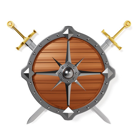 Round shield with crossed swords isolated on white background. 3d-renderingの写真素材