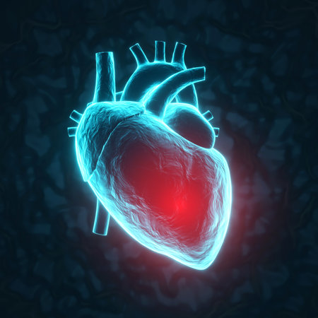 Glowing blue human heart on a dark blue background. Heart diseases concept. X-ray hologram. 3d-renderingの写真素材