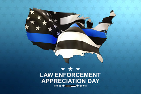 National Law Enforcement Appreciation Day. Geographic silhouette of USA map with black USA flag with Thin Blue Line on blue backgroundの写真素材