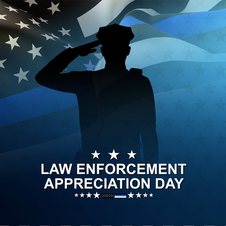 National Law Enforcement Appreciation Day. Silhouette of police officer and black USA flag with Thin Blue Line on blue backgroundの写真素材