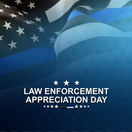 National Law Enforcement Appreciation Day. Black USA flag with Thin Blue Line on blue backgroundの写真素材