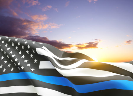 USA flag with Thin Blue Line against the sunset. National Law Enforcement Day conceptの写真素材