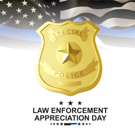 National Law Enforcement Appreciation Day concept. Police badge and USA flag with Thin Blue Line. 3d-renderingの写真素材