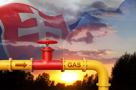 Gas pipeline against the sunset with Slovakia flag. Gas import export concept. 3d-renderingの写真素材
