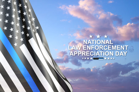 Thin Blue Line. American flag with police blue line on a background of sunset skyの写真素材