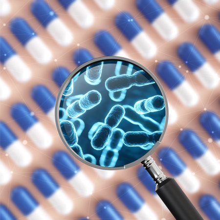 Probiotic in capsule concept. Microbiome under magnifying glass on blurred background with row of...