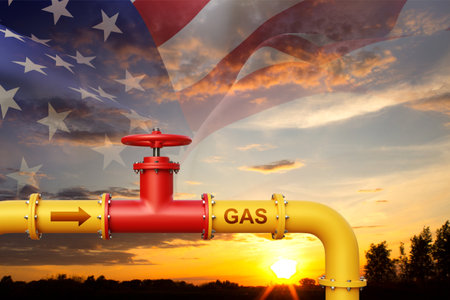 Gas pipeline with USA flag against the sunsetの写真素材