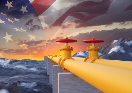 Gas pipeline with USA flag against the sunset. 3d-renderingの写真素材