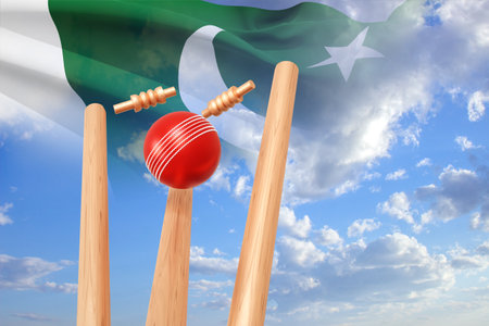 Cricket ball hitting wicket stumps against blue sky with flag. 3d-renderingの写真素材