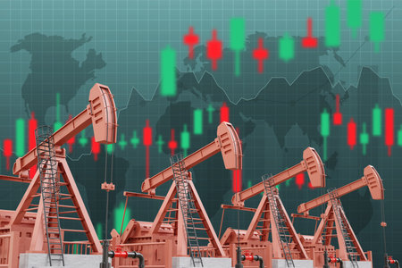 Oil pumpjacks with financial graphs and world map. 3d-renderingの写真素材