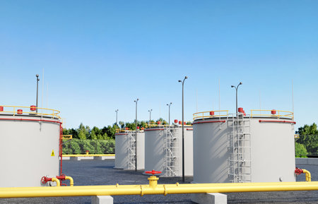 Storage fuel container tanks in petroleum refinery industrial factory. Oil industry conceptの写真素材