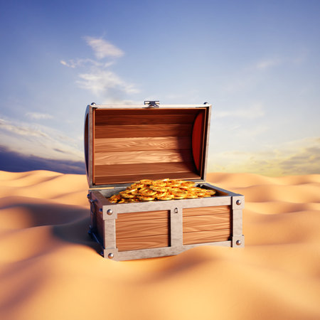 Chest with treasures on sandの写真素材