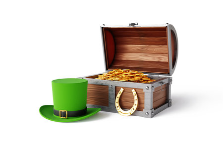 Green leprechaun hat with treasure chest full of gold coins isolated on white backgroundの写真素材
