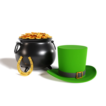 Green leprechaun hat with treasure pot full of gold coins isolated on white backgroundの写真素材
