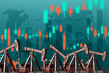 Oil pumpjacks with financial graphs and world mapの写真素材