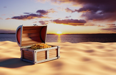 Chest with treasures on sand against the sunsetの写真素材