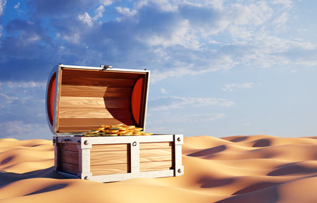 Chest with treasures on sandの写真素材