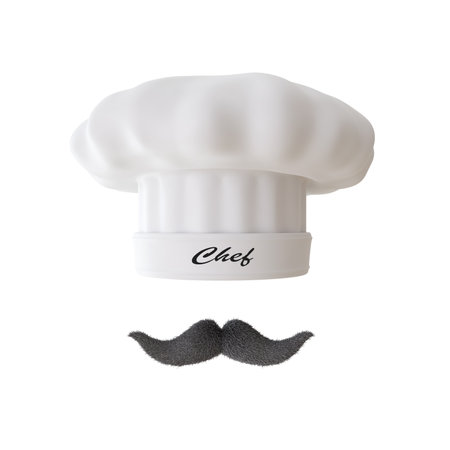 Chefs hat with mustache isolated on white backgroundの写真素材