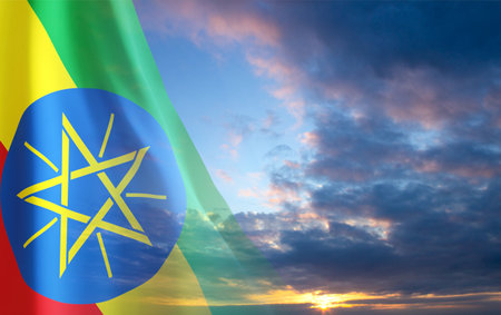 Flag of Ethiopia against the sunset. National Holidays conceptの写真素材