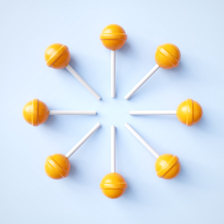 Orange lollipop candies on blue background. 3d-renderingの写真素材
