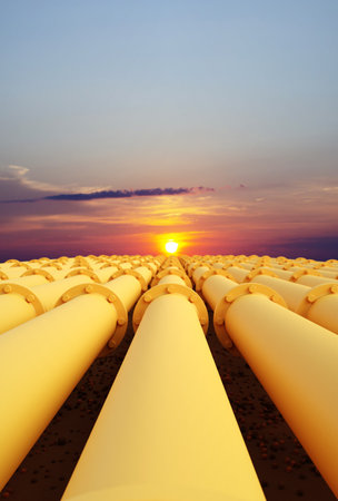 Tubes running in the direction of the sunset sky. Fuel industry transportation line connection. 3d-renderingの写真素材