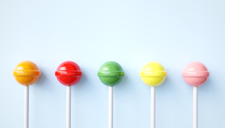 Row colorful lollipop candies on bright background. 3d-renderingの写真素材
