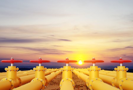 Tubes running in the direction of the sunset sky. Fuel industry transportation line connection. 3d-renderingの写真素材