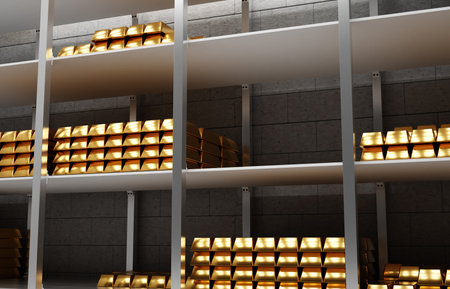 The gold bars are on the shelves of the warehouse. Investments in gold concept. 3d-renderingの写真素材