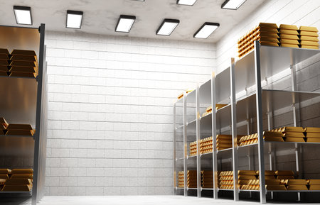 The gold bars are on the shelves of the warehouse. Investments in gold concept. 3d-renderingの写真素材