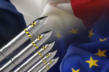Nuclear missiles on background of France and European Union flags. nuclear defense of the European continent by France concept. 3d-renderingの写真素材
