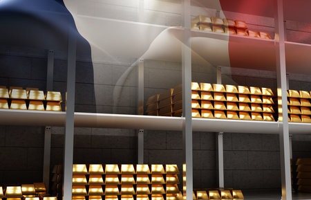 Golden bullions on the shelves with flag of France. Gold reserves concept. 3d-renderingの写真素材