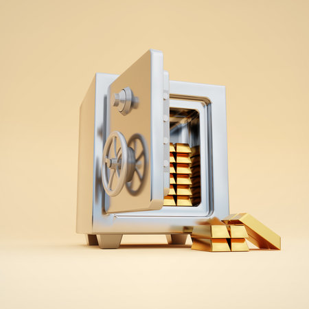 Open steel safe with gold bars on beige background. 3d-renderingの写真素材