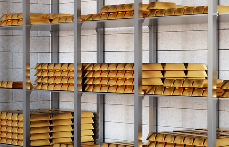 The gold bars are on the shelves of the warehouse. Investments in gold concept. 3d-renderingの写真素材