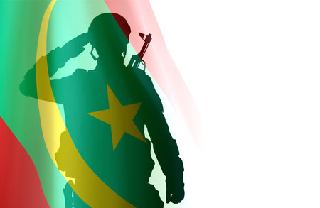 Silhouette of a soldier with Mauritania flag on white background. National Holidays conceptの写真素材