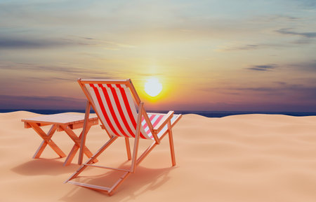 Deck chair with table on the beach against the sunset. 3d-renderingの写真素材