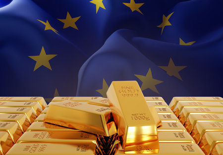Golden bullions with flag of European Union. Gold reserves concept. 3d-renderingの写真素材