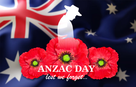 Silhouette of soldier paying tribute with Poppy flowers on background of Australia flag. Poppy Day, Anzac Day concept. Lest We Forgetの写真素材