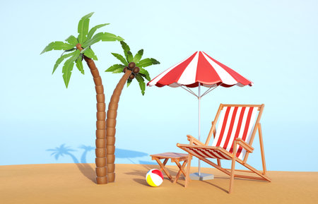 Summer Vacation accessories on bright blue background. 3d-renderingの写真素材