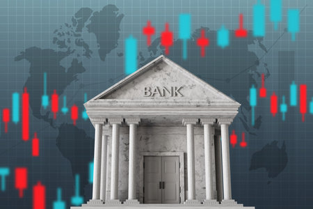 Bank building with with stock graph. Business and finance. Banking and investment concept. 3d-renderingの写真素材